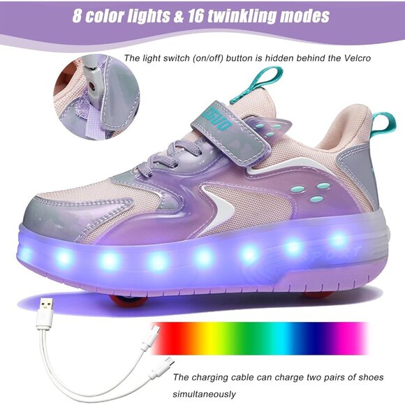 Kid's Girls Purple USB Chargable LED Lighting Roller Wheeled Skate Sneaker Shoes - Picture 2 of 6